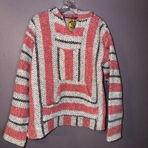 Baja Joe Hooded Pullover Poncho Hoodie Striped Hippie Boho Sz M unisex
